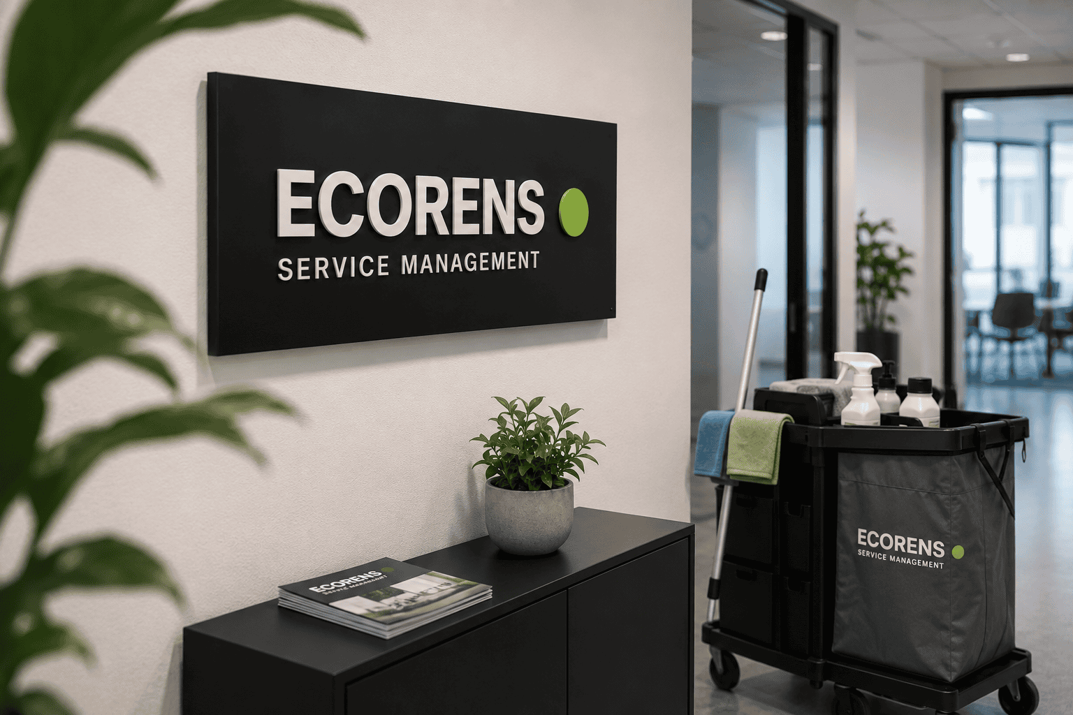 Vægskilt med Ecorens-logo og rengøringsvogn i kontorgang
